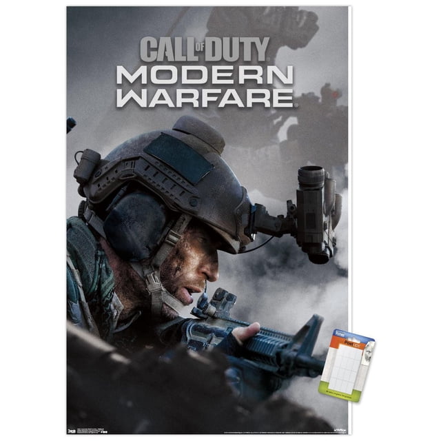 Call of Duty : Modern Warfare Affiche Murale Multijoueur Représentant un Soldat en Équipement Tactique Tenant un Fusil et Portant un Casque avec des Lunettes de vision Nocturne Montées, sur Fond de Champ de Bataille Enfumé, Imprimée sur Papier d'Affiche Brillant Certifié FSC Mesurant 22,375 par 34 Pouces, Convient pour Décorer des Chambres, des Bureaux Ou des Salles de Jeux.