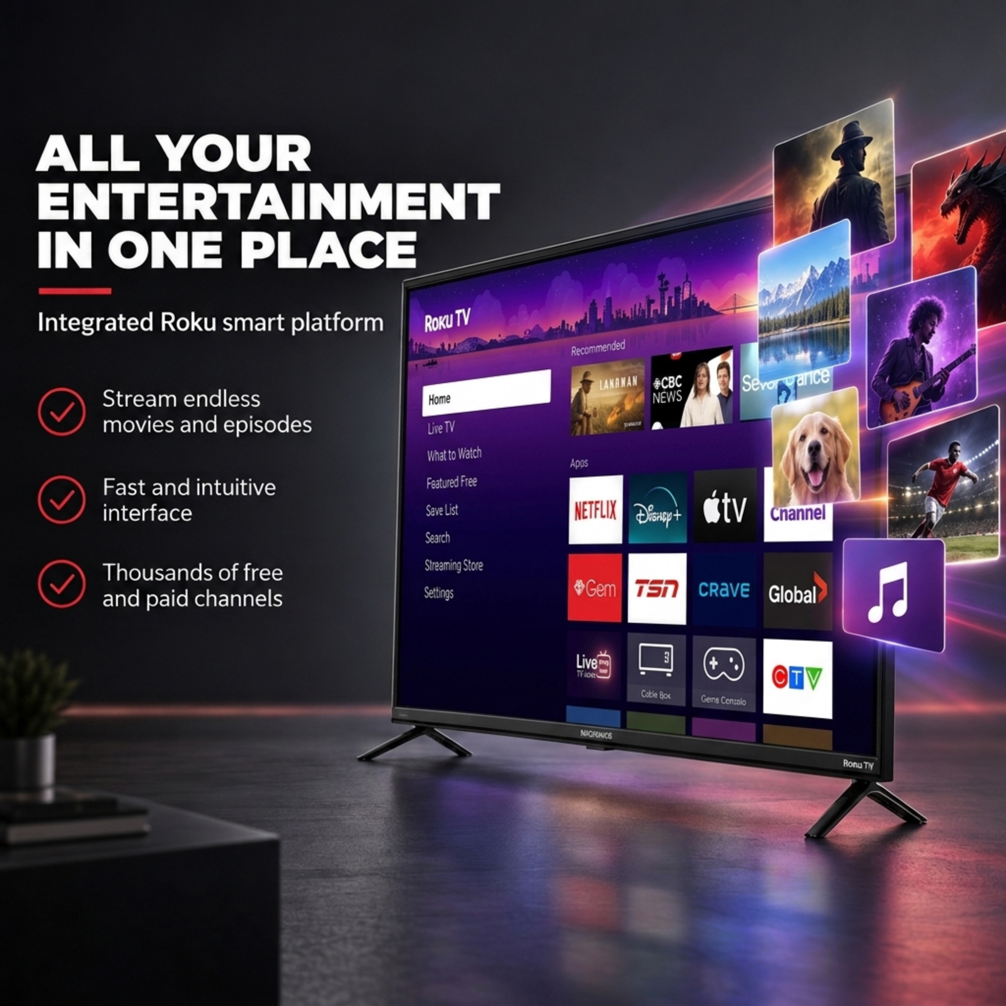 Téléviseur intelligent Magnavox 43" 4K Ultra HD HDR LED Roku, audio Dolby Digital Plus, noir