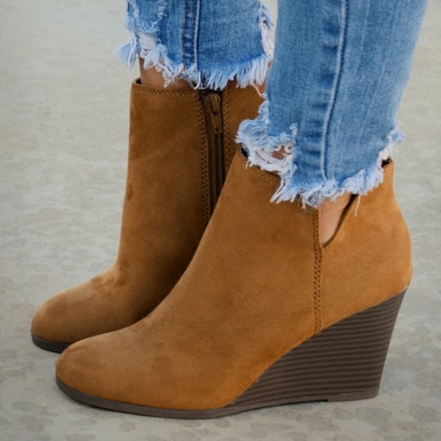 Babysbule Bottes de Neige pour Femmes Mode Bottines Courtes en Suède à Talons Compensés à Fermeture Éclair Couleur Unie Chaussures à Bout Rond
