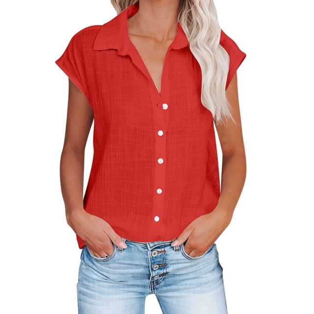 Timegard Hauts Grande Taille pour Femmes Coton Lin Manches Courtes Col en V Boutonné Blouse Décontractée