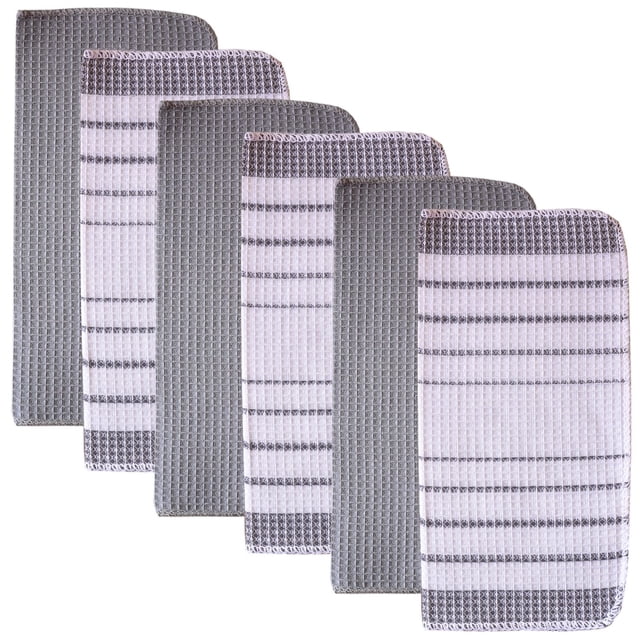 Fouta Ensemble de 6 Linges à Vaisselle en Coton à Rayures, Tissage Gaufré Gris et Tissu Éponge à Rayures Blanches, Chacun 12 par 12 Pouces, Disposés Superposés sur un Fond Blanc, Conçus pour un Séchage Sans Charpie et des Linges de Cuisine Lavables au Lave-Vaisselle, Convenant Aussi aux Tâches Générales de Nettoyage de Cuisine.
