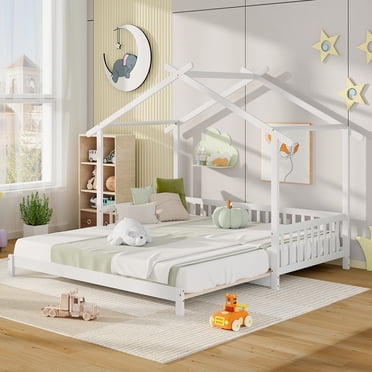 Gymax Wooden House Bed Twin to King Daybed w/ Safety Rails & Decorable Roof White