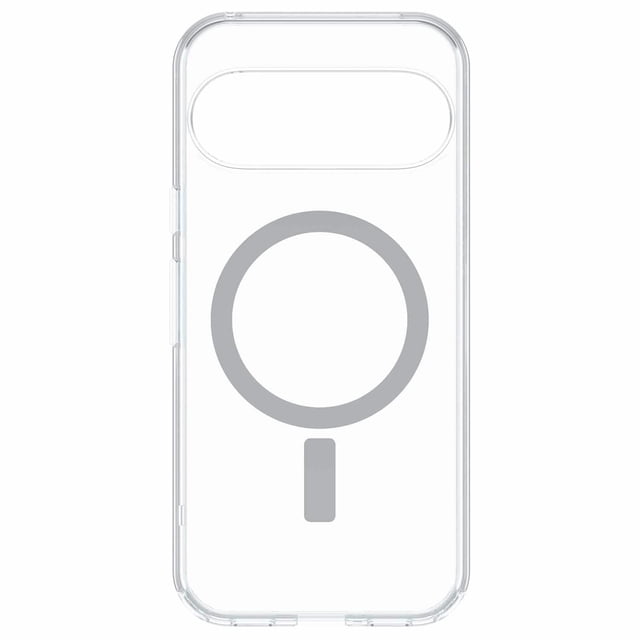 OtterBox Symmetry Clear Case w/Magnets Clear for Google Pixel 10/10 Pro featuring a slim, transparent phone case with built-in magnetic ring for fast charge alignment, reinforced corners, raised edges protecting camera and screen, and anchors for attaching straps or charms.