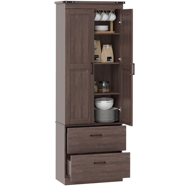 HOMCOM 67" Tall Kitchen Pantry Cabinet with Adjustable Shelves in a distressed brown finish. Features a 4-tier design with two magnetic doors and two drawers for ample storage. Includes two 3-level adjustable shelves for customizable organization. Made of particleboard and MDF with black accents, offering a farmhouse charm. Dimensions: 23.6" W x 11.8" D x 66.9" H. Suitable for kitchen storage and organization.