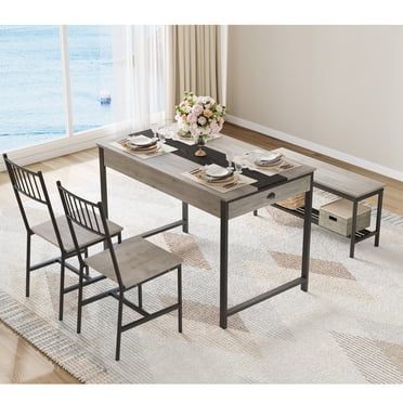 Space-Saving Dining Table Set for 4 – Rectangular Kitchen Table with 2 Chairs, 1 Bench, Double-Sided Storage Drawers & Rack – Farmhouse Breakfast Nook Furniture for Dining Room or Kitchen – Grey