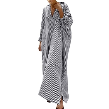 Baberdicy Robes Femmes Robe Chemise à Rayures en Coton et Lin Décontractée Ample Maxi Robes Robes Décontractées pour Femmes Noir, Taille:P-5TG