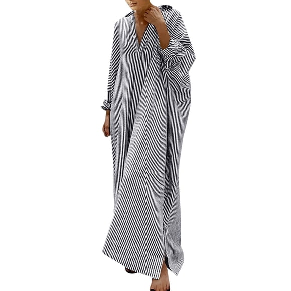 Baberdicy Dresses Women Stripe Cotton and Linen Shirt Dress Casual Loose Maxi Dresses Women's Casual Dresses Black, Size:S-5Xl