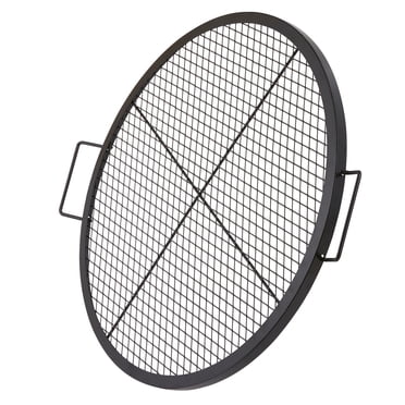 KFFKFF Cross-Marks Grill Grate for Fire Pit, Circular Cookware, Robust Steel BBQ Grill Grid with Handle and Support Cross Wire, Mobile Outdoor Cooking Equipment for Social Events, 30 Inch, Black