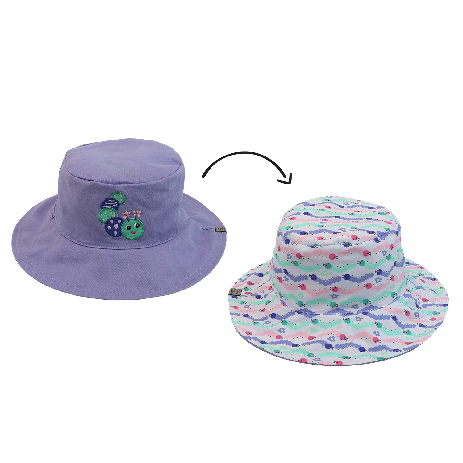 FlapJackKids - Kids Reversible Mixed Sun Hat - Caterpillar - L (4-6Y+)