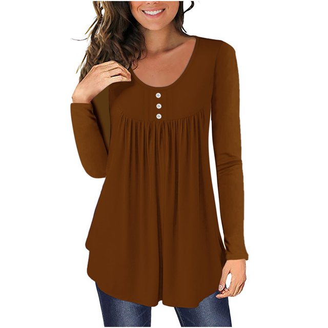 FAIWAD Tunique à Manches Longues pour Femmes Col Rond Boutons Basique Plissé Patchwork Pull