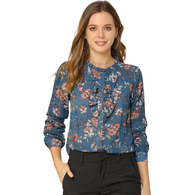 INSPIRE CHIC Chemise à Fleurs pour Femme à Col à Volants, Manches Longues, Boutonnée