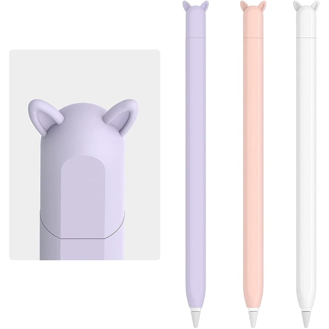 3pcs Apple pencil case in white, pink, and purple, designed for Apple Pencil 2nd Generation. Made of soft silicone with a non-slip grip and a cute ear-shaped design on the cap. The thin sleeve allows magnetic attachment and wireless charging without removal. Provides 360-degree protection against scratches and damage.