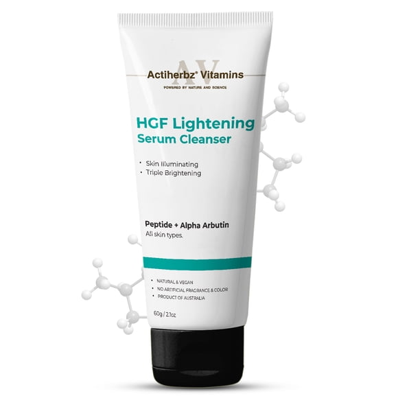 Actiherbz Vitamins HGF Lightening Serum Cleanser - Nonapeptide & Alpha Arbutin Face Cleanser for Skin Radiance & Even Tone | Triple Glow Boost Formula for All Skin Types | 60ml