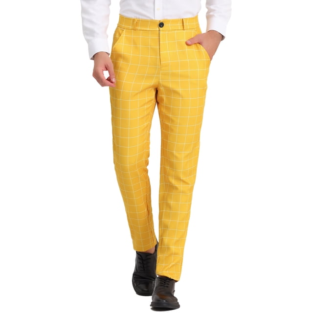 INSPIRE CHIC Men's Dress Plaid Printed Business Checked Pants 36 Yellow