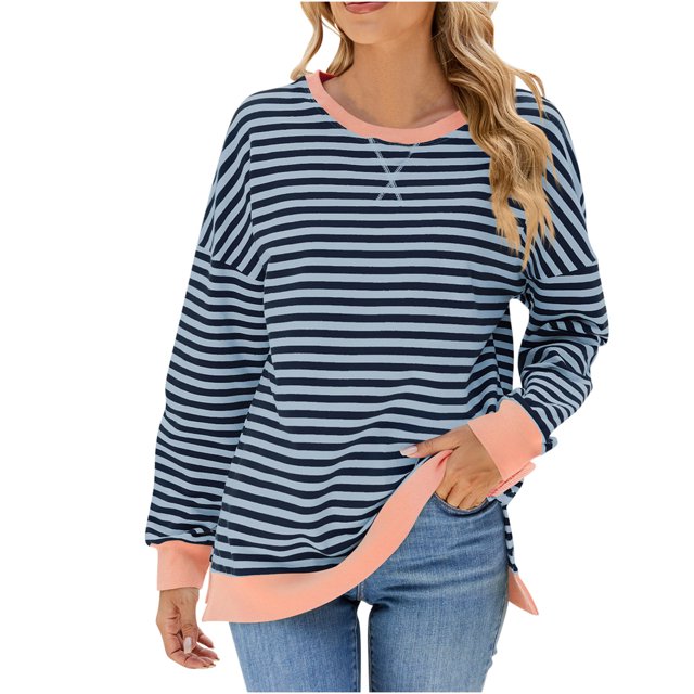 Pisexur Chandails pour Femmes 2024 Mode d'Automne à Rayures Chandails à Manches Longues pour Femmes Décontractés Amples à Col Rond Chandails Confort Chandail Surdimensionné pour Femmes Chandails à Capuchon Basiques Chandails à Enfiler