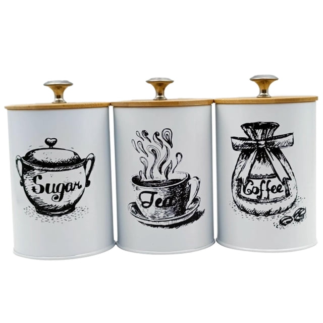Tnarru 3 Pieces Kitchen Canisters Set Coffee Tea Sugar Containers Iron Modern Organizer Decorative Dustproof Lids Storage Containers White