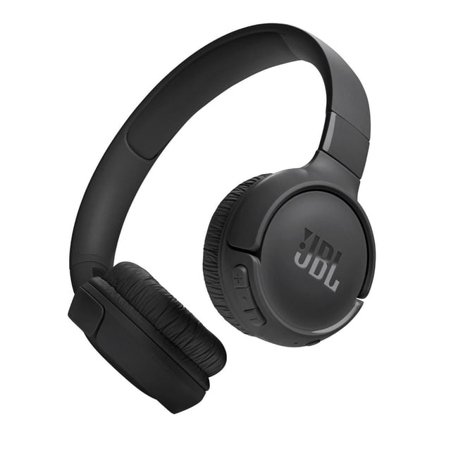 JBL Tune 520BT Écouteurs Supra-Auriculaires Sans Fil Bluetooth 5.3 en Noir Mat avec Coussinets d'Oreille Rembourrés, Serre-Tête Ajustable, Conception Pliable et logo JBL visible sur l'Oreillette, avec Commandes à Boutons Intégrés pour le volume et les Appels.