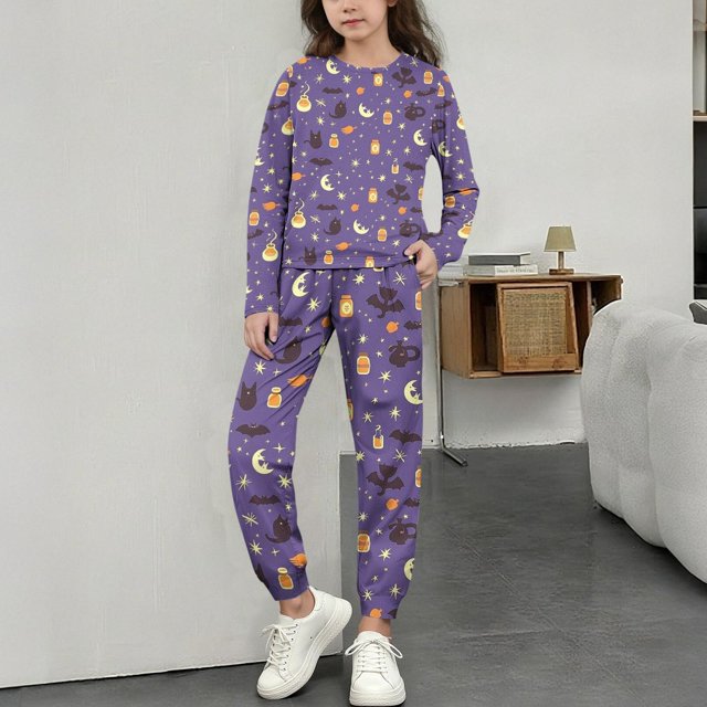MKOSPLRT Pyjamas d'Halloween pour Tout-Petits Filles Garçons Vêtements de Nuit Ensembles 2 Pcs Manches Longues Col Ras du Cou Hauts Bas de Pyjama Tenue de Détente des Fêtes 3-15 Ans