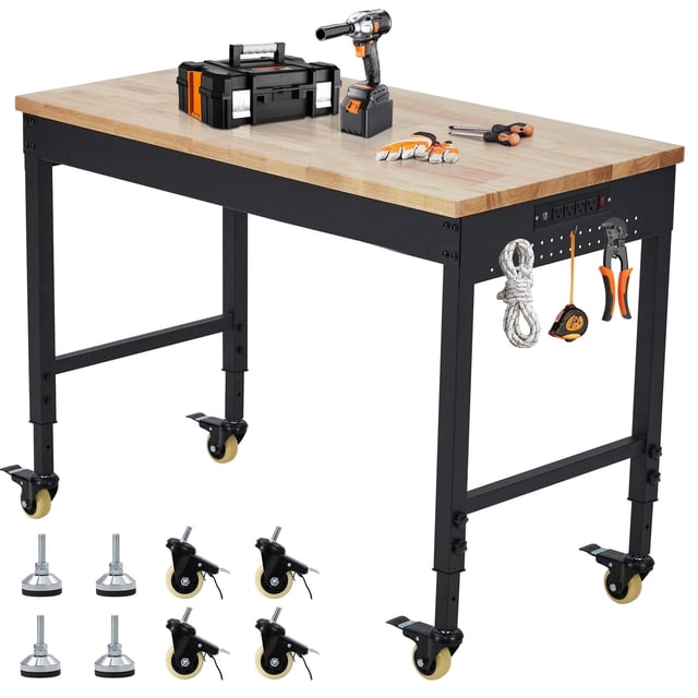 72" x 25" Adjustable Workbench 2000 Lbs Capacity, Rubber Wood Table Heavy Duty Workstation with Hardwood Top, Power Outlets, Metal Frame, Swivel Casters, Garage Table for Workshop Office Home