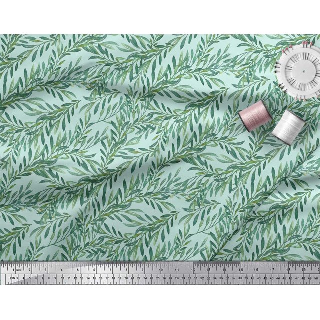 Soimoi Green Modal Satin Fabric Laurel Leaves Print Sewing Fabric BTY 42 Inch Wide