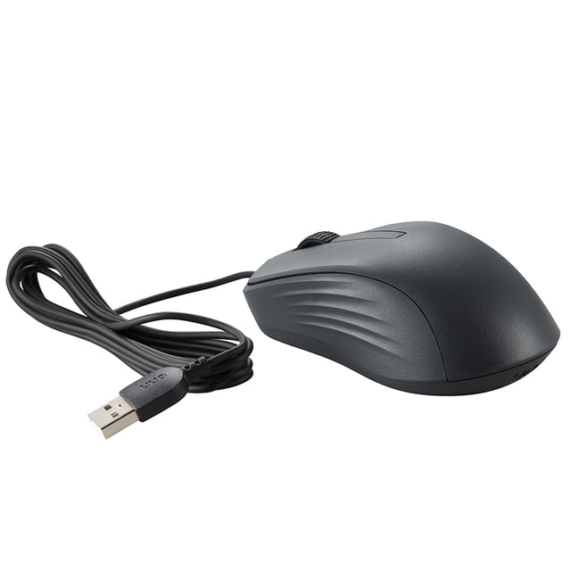 Onn 3-Button Wired USB Mouse with Scroll Wheel - Black shown in a 3/4 profile with a coiled 6-foot USB cable. The grey mouse features textured side grips, three clickable buttons including a scroll wheel, and 1000 DPI precision for smooth navigation. Compatible with Windows, MacOS, and ChromeOS.