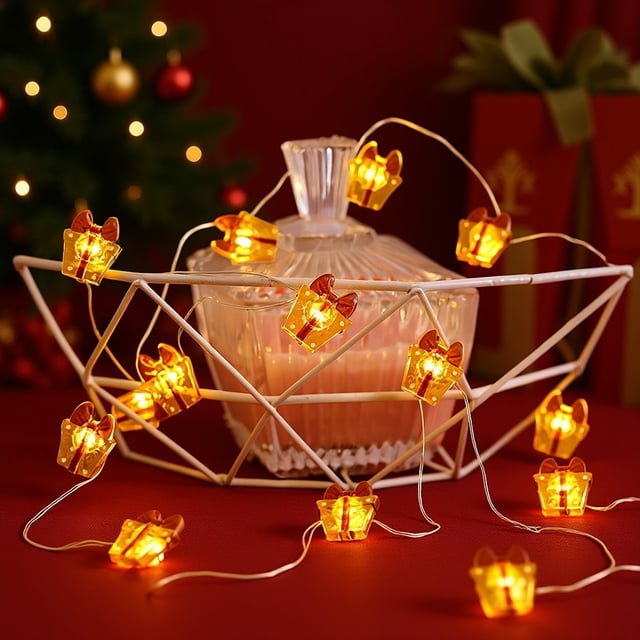 Uuiauoio Festive LED Christmas Light String with Gift Box Shapes for Indoor Holiday Decor Tree Decoration Window Display Mantle Party Ambiance and Winter Themed Bedroom Lighting