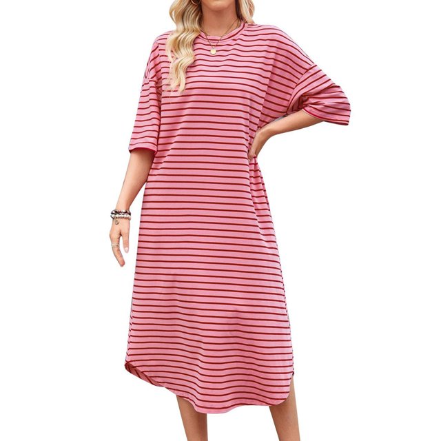 Ovzne Robes d'Été pour Femmes 2025 Robe Mode pour Femmes Imprimée Manches Courtes Poches Robe à Col Rond Robe de Printemps Manches Courtes Imprimée Liquidation