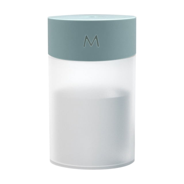 Mini Air Purifier Humidifier with Colorful Night Light, featuring a compact cylindrical design with a frosted plastic body and a blue top. Includes ultrasonic cool mist technology, silent operation, adjustable mist output, auto shutoff, and LED mood lighting. Suitable for humidification in bedrooms, desks, or small office spaces.