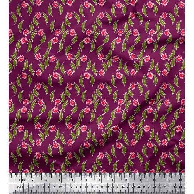 Soimoi Japan Crepe Satin Fabric Leaves & Floral Clip Art Decor Fabric Printed Yard 42 Inch Wide