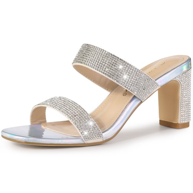 BLISSFUL STEP Women's Rhinestone Square Toe Chunky Block Heel Slides Sandals