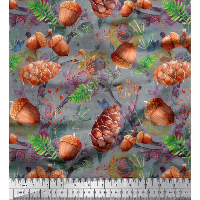 Soimoi Black Rayon Fabric Apricot & Oaknut Fruits Decor Fabric Printed BTY 56 Inch Wide