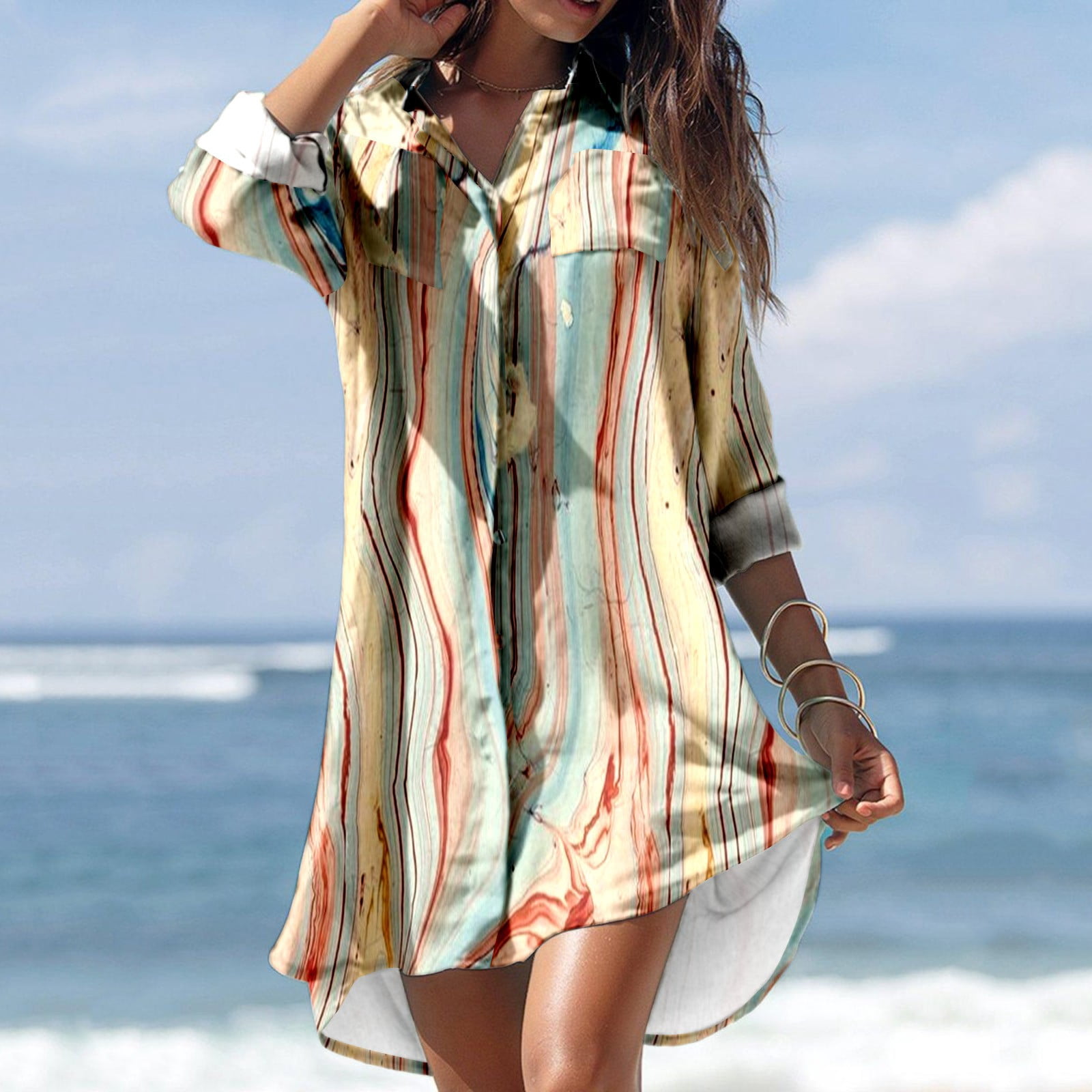 Cache-maillots pour Femmes Été Décontracté Col Rabattu Manches Longues Blouse Imprimée Boutons avec Poche Robes Chemise Cache-Maillots de Plage pour Femmes 2023 en Liquidation