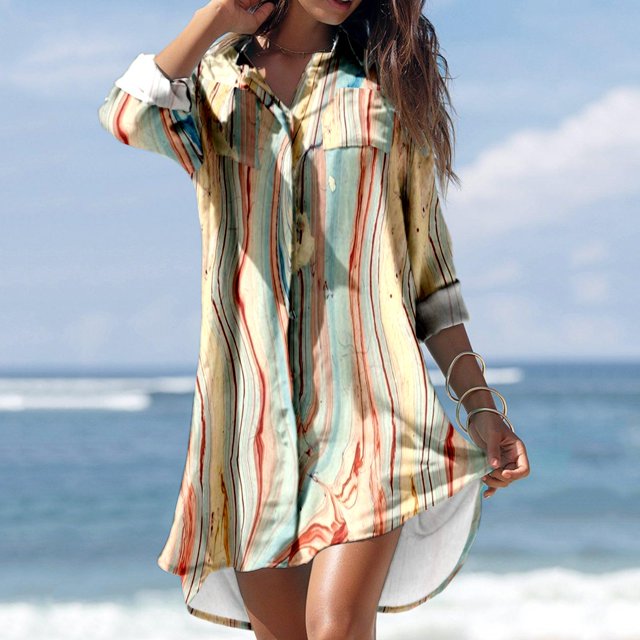 Cache-maillots Grande Taille pour Femmes Été Décontracté Col Rabattu Manches Longues Blouse Imprimée Boutons avec Poche Robes Chemise Cache-Maillots en Liquidation
