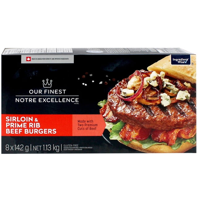 Our Finest Sirloin & Prime Rib Beef Burgers package with black background and red label, showing a close-up of a grilled beef burger topped with bacon, grilled onions, blue cheese crumbles, and lettuce on a bun, made with two premium cuts of beef, gluten-free, net weight 1.13 kg, made in Canada, suitable for barbecuing or pan frying.