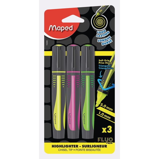 Maped Highlighter Fluo MAX x3 pack with yellow, pink, and green highlighters featuring soft triangular grips and chisel tips sized 5.0 mm and 1.0 mm, providing long-lasting ink suitable for office and school use.