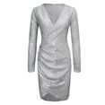 thumbnail image 3 of WTXUE Robe à Manches Longues, Robe Femme Paillettes Col en V Manches Longues Robe Ajustée Élégante Robe de Soirée pour Dames, Robe à Paillettes pour Femmes, Robe Argent, Argent m, 3 of 7