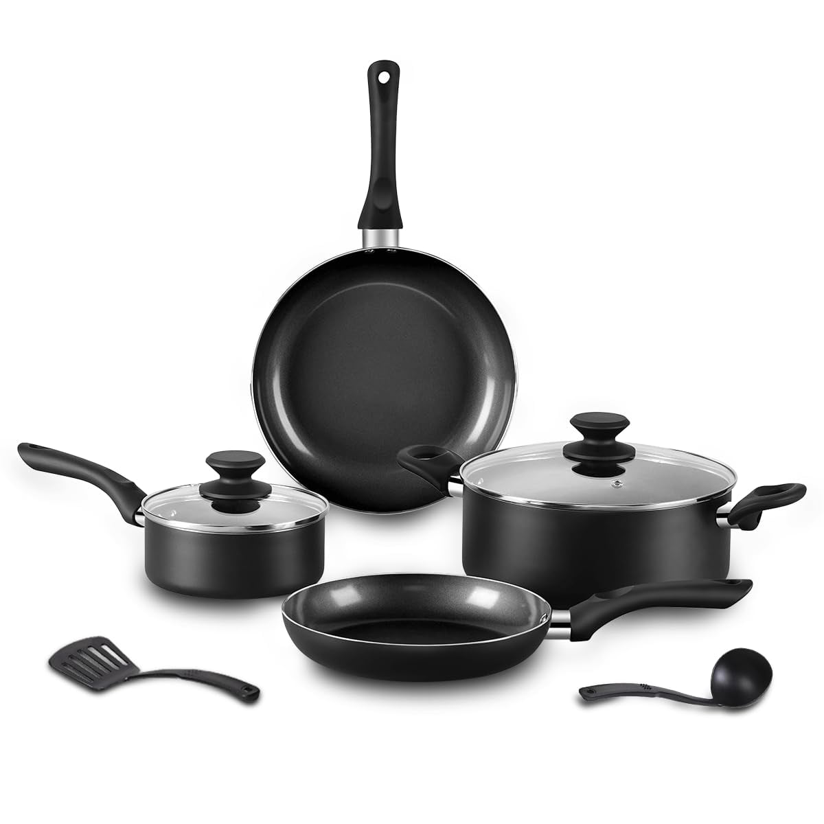 BECIGAR 8pcs Black Ceramic Pots and Pans Set, Cooking Pan Set,Cooking Pot Set Ceramic Pan Set, Nonstick Cookware Set, Induction Safe Kitchen Cooking Set with Frying Pans, Saucepan