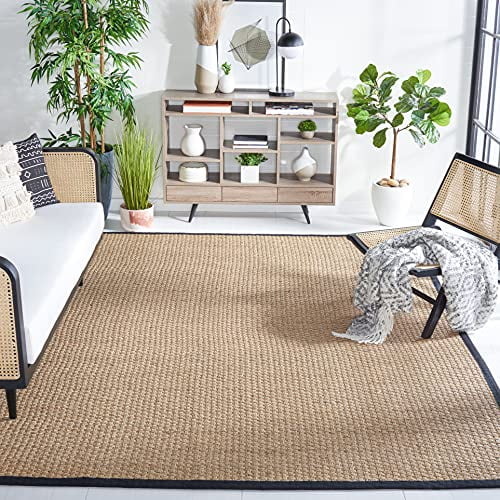 Safavieh Natural Fiber Collection NF114C Border Basketweave Seagrass Area Rug, 8' x 8' Square, Black