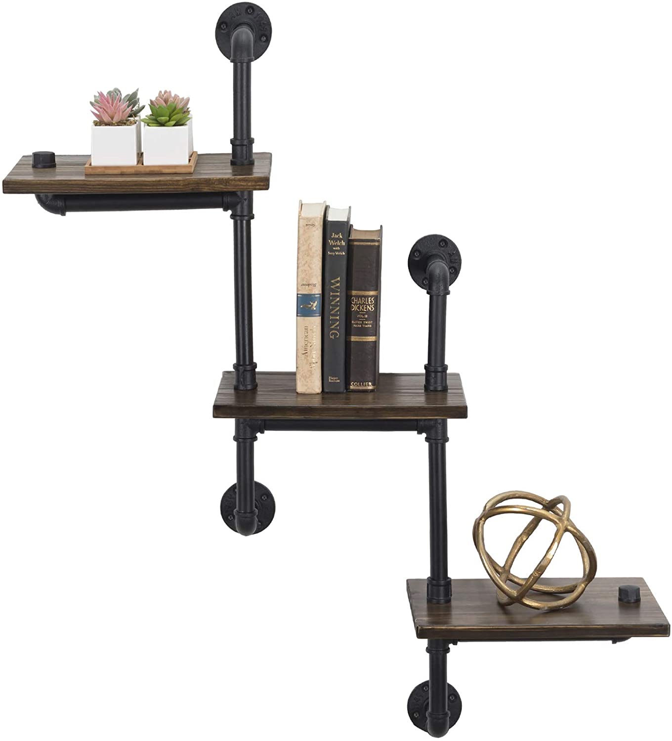 3-Tier Wooden Wall Ladder Floating Rustic Shelf 35"x40" With Iron Black Pipe Hardware For Bedroom, Kitchen, Office