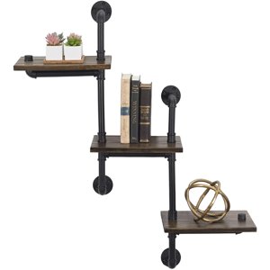 3-Tier Wooden Wall Ladder Floating Rustic Shelf 35"x40" With Iron Black Pipe Hardware For Bedroom, Kitchen, Office