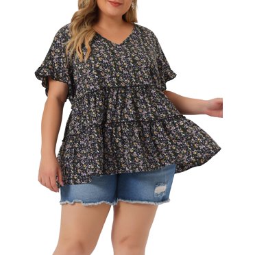 Agnes Orinda Women's Plus Size Summer Boho Floral V Neck Ruffle Sleeves Tiered Babydoll Blouses 2X Black Purple