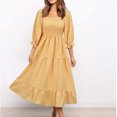 thumbnail image 1 of Drppepioner Women Boho Puff Sleeve Shoulder Summer Casual Plaid Ruffle Midi Long Dress, 1 of 2