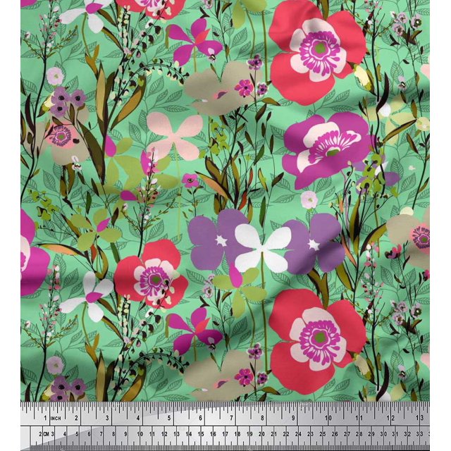 Soimoi Green Poly Georgette Fabric Leaves & Floral Artistic Decor Fabric Printed Yard 52 Inch Wide