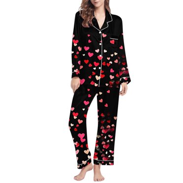 RXMEKW Ensemble de Pyjama Imprimé à Manches Longues avec Col à Revers pour Femmes, 2 Pcs, Polyester, Coupe Ample