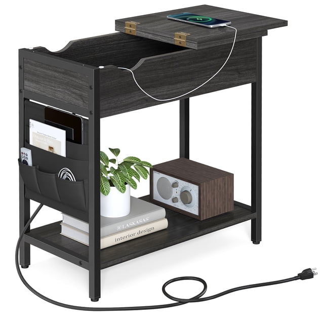 VASAGLE Side Table with USB Ports & Power Outlets, Flip Top End Table with Charging Station, Ebonized Oak Finish and Black