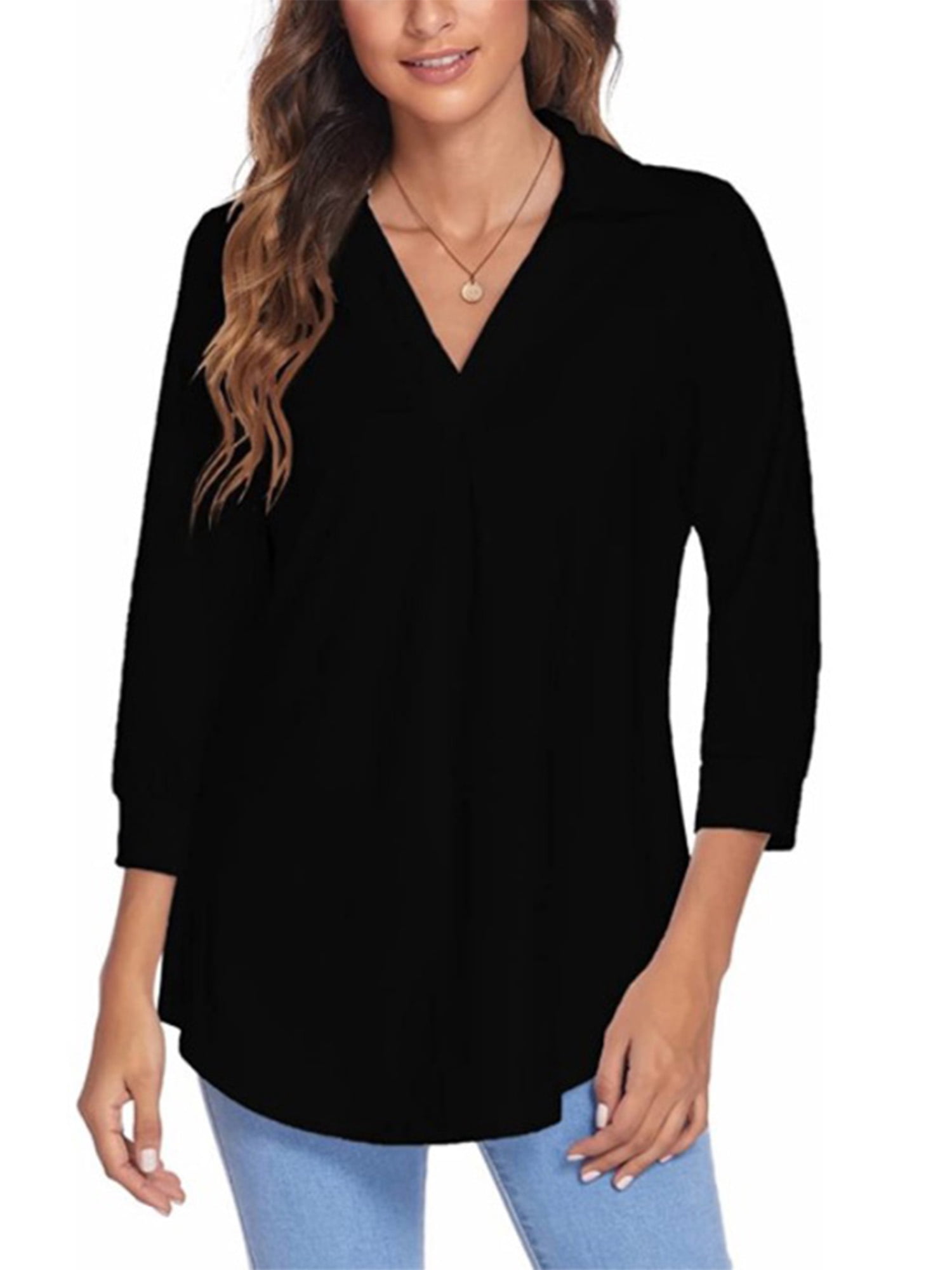 Innerwin Tops 3/4 Sleeve Women Blouse Work Solid Color Elegant Shirts Black S