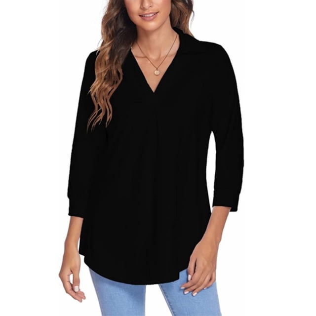 Innerwin Tops 3/4 Sleeve Women Blouse Work Solid Color Elegant Shirts Black L