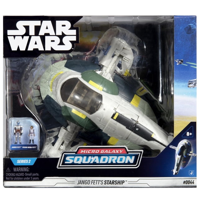 StarWars Deluxe Vehicle (8" Vehicle & Figure) - Jango Fett's Starship toy in packaging, featuring a grey and green starship with yellow accents and clear cockpit, includes Jango Fett and young Boba Fett figures, suitable for ages 8 and up, part of Micro Galaxy Squadron Series 2 collectible play vehicles.