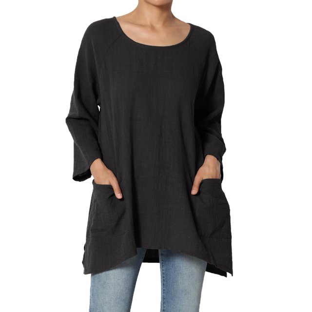 Tunique Ample à Manches 3/4 en Coton Gaze Froissée pour Femmes Grande Taille