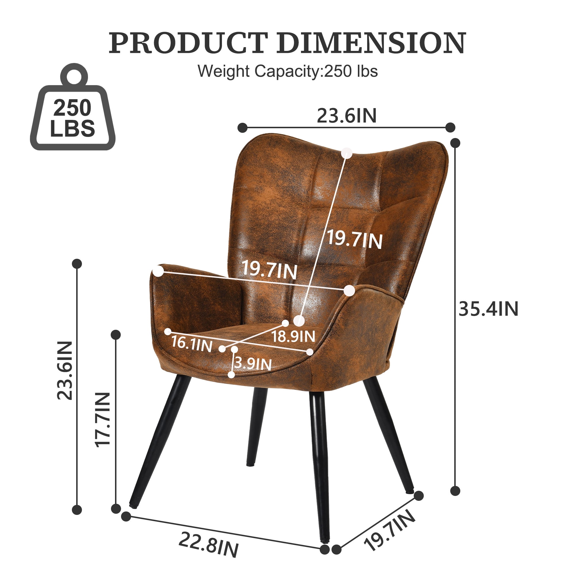 Homy Casa fauteuil d’appoint à dossier oreilles en similicuir brun, dossier capitonné et pieds en métal noir